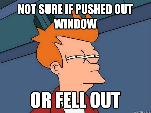 Not sure if pushed out window Or fell out  Futurama Fry