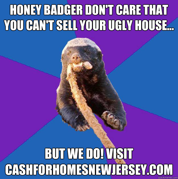 Honey badger don't care that you can't sell your ugly house... but we do! visit cashforhomesnewjersey.com  Honey Badger Dont Care