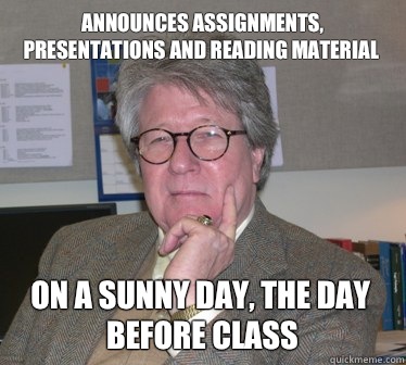 Announces assignments, presentations and reading material On a sunny day, the day before class  Humanities Professor