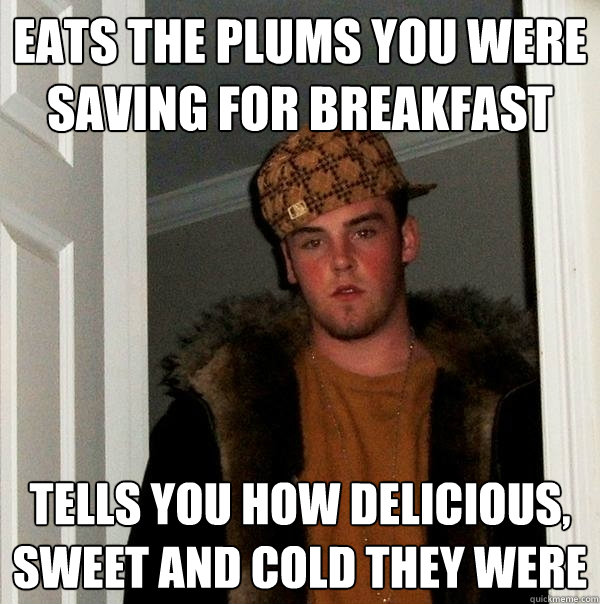 Eats the plums you were saving for breakfast tells you how delicious, sweet and cold they were  Scumbag Steve