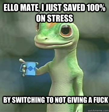 Ello Mate, I just Saved 100% on Stress By switching to not giving a fuck - Ello Mate, I just Saved 100% on Stress By switching to not giving a fuck  Geico