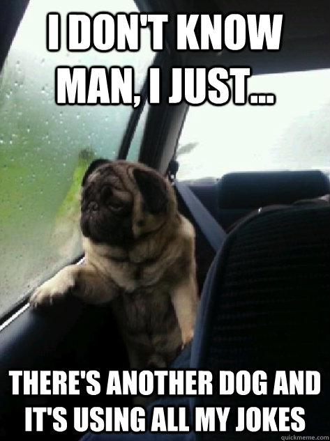 I don't know man, I just... there's another dog and it's using all my jokes  Introspective Pug