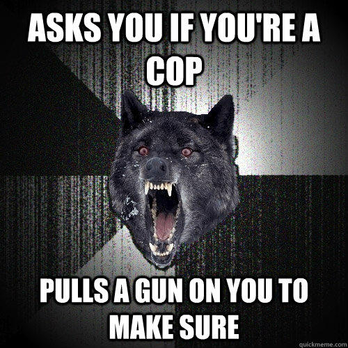 Asks you if you're a cop Pulls a gun on you to make sure - Asks you if you're a cop Pulls a gun on you to make sure  Insanity Wolf