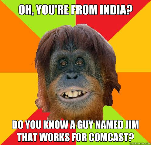 oh, you're from india? do you know a guy named Jim that works for comcast?  Culturally Oblivious Orangutan