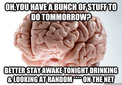 OH,YOU HAVE A BUNCH OF STUFF TO DO TOMMORROW? BETTER STAY AWAKE TONIGHT DRINKING & LOOKING AT RANDOM **** ON THE NET  Scumbag Brain