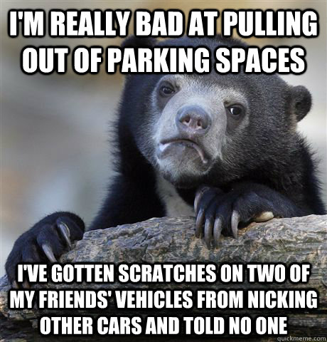 I'm really bad at pulling out of parking spaces I've gotten scratches on two of my friends' vehicles from nicking other cars and told no one  Confession Bear