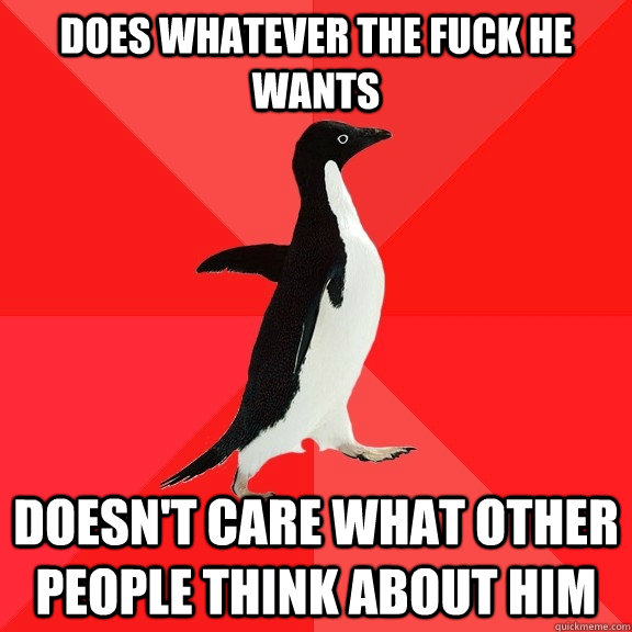 Does whatever the fuck he wants doesn't care what other people think about him  Socially Awesome Penguin