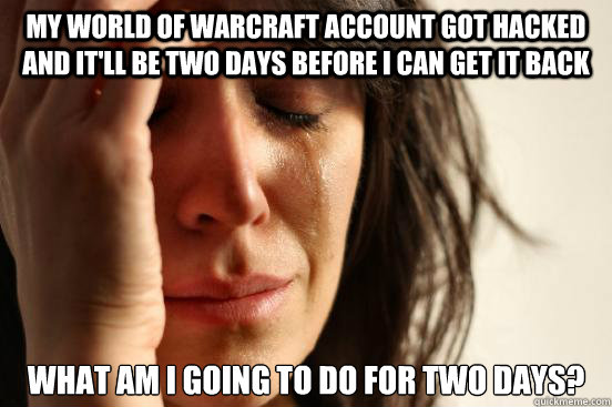 my world of warcraft account got hacked and it'll be two days before i can get it back what am i going to do for two days?  First World Problems