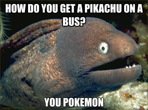 how do you get a pikachu on a bus? you pokemon  Bad Joke Eel