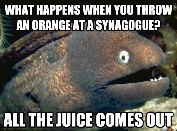 what happens when you throw an orange at a synagogue? all the juice comes out - what happens when you throw an orange at a synagogue? all the juice comes out  Bad Joke Eel