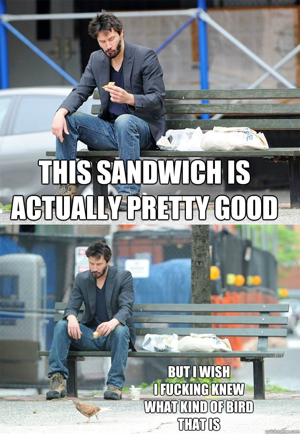 this sandwich is actually pretty good but i wish 
i fucking knew 
what kind of bird 
that is  Sad Keanu