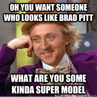 Oh you want someone who looks like Brad Pitt What are you some kinda Super Model  Condescending Wonka