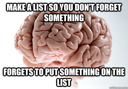 make a list so you don't forget something forgets to put something on the list  Scumbag Brain