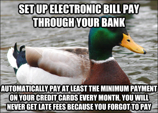 Set up electronic bill pay through your bank Automatically pay at least the minimum payment on your credit cards every month, you will never get late fees because you forgot to pay - Set up electronic bill pay through your bank Automatically pay at least the minimum payment on your credit cards every month, you will never get late fees because you forgot to pay  Actual Advice Mallard