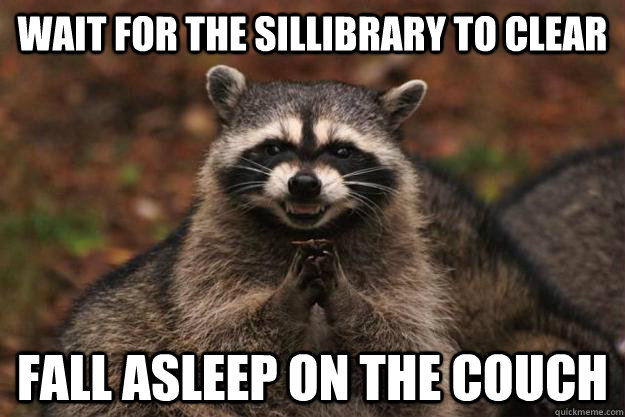 Wait for the Sillibrary to clear fall asleep on the couch - Wait for the Sillibrary to clear fall asleep on the couch  Evil Plotting Raccoon