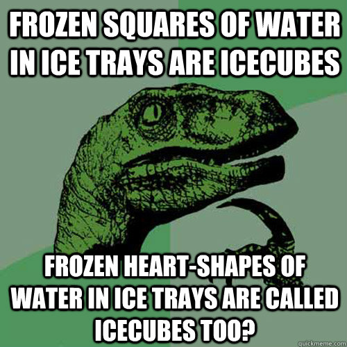 FROZEN SQUARES OF WATER IN ICE TRAYS ARE ICECUBES FROZEN HEART-SHAPES OF WATER IN ICE TRAYS ARE CALLED ICECUBES TOO?  Philosoraptor