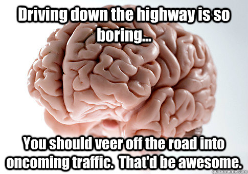 Driving down the highway is so boring... You should veer off the road into oncoming traffic.  That'd be awesome.  - Driving down the highway is so boring... You should veer off the road into oncoming traffic.  That'd be awesome.   Scumbag Brain