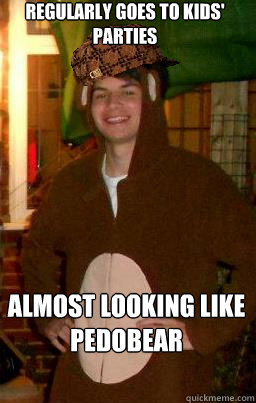 Regularly Goes to kids' parties almost looking like pedobear  