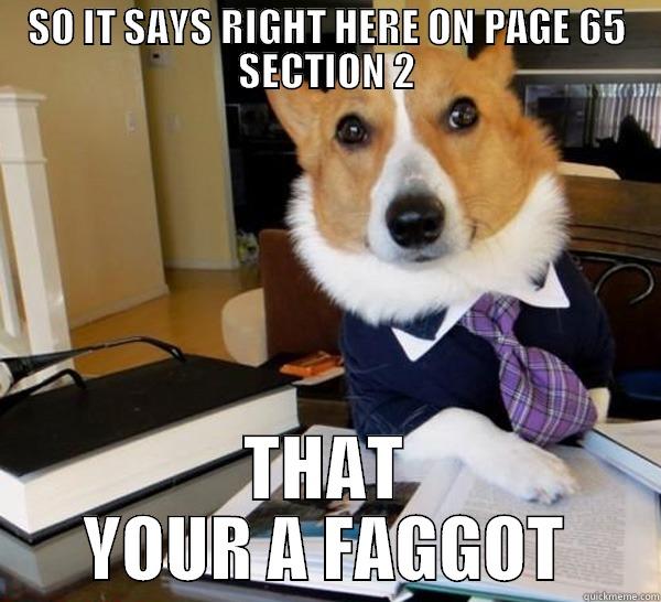 SO IT SAYS RIGHT HERE ON PAGE 65 SECTION 2 THAT YOUR A FAGGOT Lawyer Dog