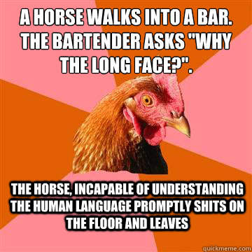 A horse walks into a bar. The bartender asks 