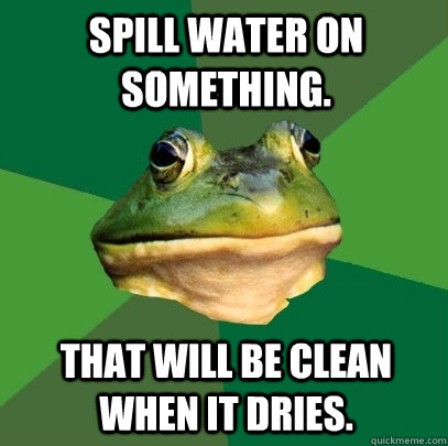 Spill water on something. That will be clean when it dries.  Foul Bachelor Frog