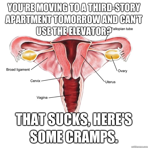 You're moving to a third-story apartment tomorrow and can't use the elevator? That sucks, here's some cramps.   Scumbag Uterus