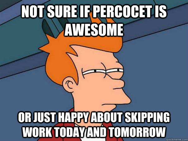 Not sure if percocet is awesome or just happy about skipping work today and tomorrow - Not sure if percocet is awesome or just happy about skipping work today and tomorrow  Futurama Fry