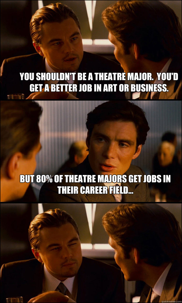 You shouldn't be a theatre major.  You'd get a better job in art or business. But 80% of theatre majors get jobs in their career field...  - You shouldn't be a theatre major.  You'd get a better job in art or business. But 80% of theatre majors get jobs in their career field...   Inception