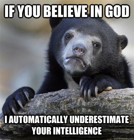 if you believe in god I automatically underestimate your intelligence  Confession Bear