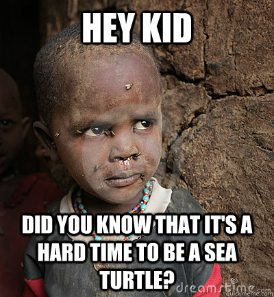 Hey kid did you know that it's a hard time to be a sea turtle?   What not to say to a poor African child
