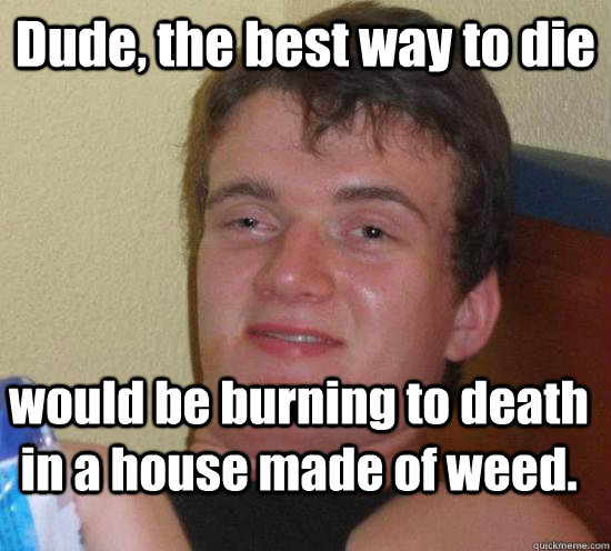 Dude, the best way to die would be burning to death in a house made of weed.  10 Guy