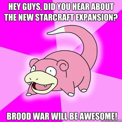 Hey guys, did you hear about the new starcraft expansion? Brood war will be awesome!  Slowpoke