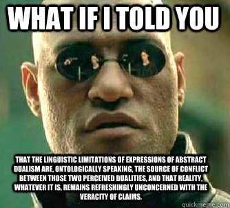 what if i told you That the linguistic limitations of expressions of abstract dualism are, ontologically speaking, the source of conflict between those two perceived dualities, and that reality, whatever it is, remains refreshingly unconcerned with the ve - what if i told you That the linguistic limitations of expressions of abstract dualism are, ontologically speaking, the source of conflict between those two perceived dualities, and that reality, whatever it is, remains refreshingly unconcerned with the ve  Matrix Morpheus