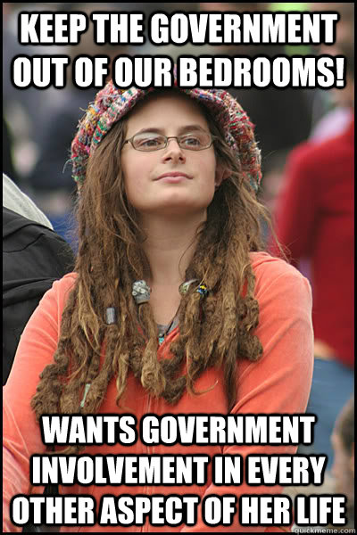 keep the government out of our bedrooms! wants government involvement in every other aspect of her life  College Liberal