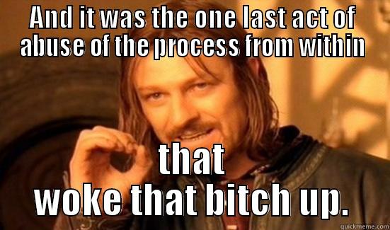 AND IT WAS THE ONE LAST ACT OF ABUSE OF THE PROCESS FROM WITHIN THAT WOKE THAT BITCH UP. Boromir