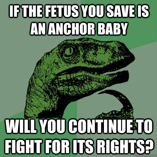 if the fetus you save is an anchor baby  will you continue to fight for its rights?  Philosoraptor