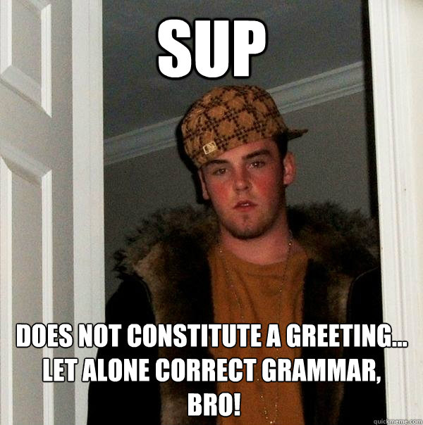 sup does not constitute a greeting... let alone correct grammar,
 BRO!  Scumbag Steve