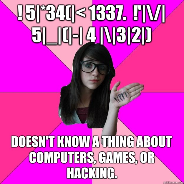 ! 5|*34(|< 1337.  !'|\/| 5|_|(|-| 4 |\|3|2|) Doesn't know a thing about computers, games, or hacking.   Idiot Nerd Girl