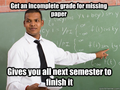 Get an incomplete grade for missing paper Gives you all next semester to finish it  Good Guy Teacher