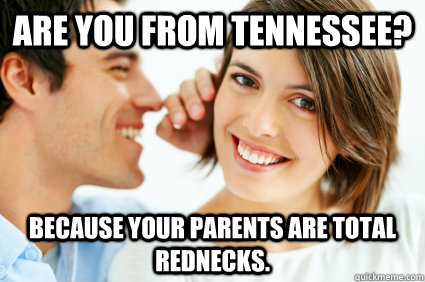 are you from tennessee? Because your parents are total rednecks.  Bad Pick-up line Paul