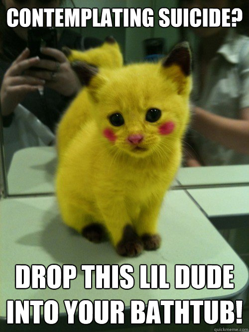 Contemplating suicide? drop this lil dude into your bathtub!  Pikachu Assisted Suicide