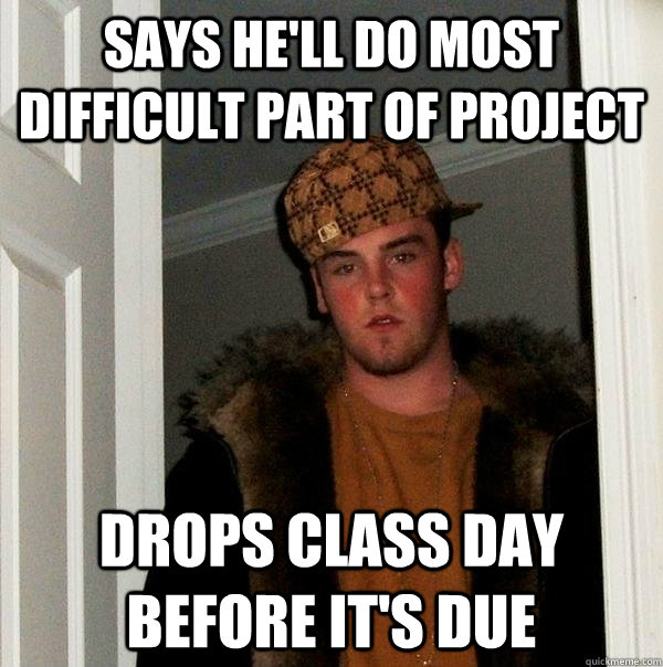 Says he'll do most difficult part of project drops class day before it's due  Scumbag Steve