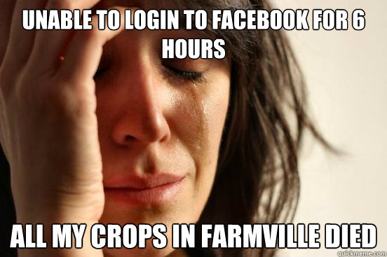 Unable to login to Facebook for 6 hours All my crops in Farmville died  First World Problems