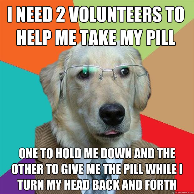 i need 2 volunteers to help me take my pill one to hold me down and the other to give me the pill while i turn my head back and forth  Business Dog