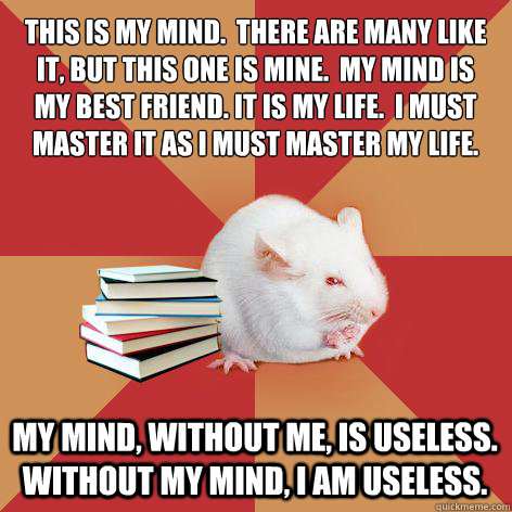 This is my mind.  There are many like it, but this one is mine.  My mind is  my best friend. It is my life.  I must master it as I must master my life. My mind, without me, is useless.  Without my mind, I am useless.  Science Major Mouse