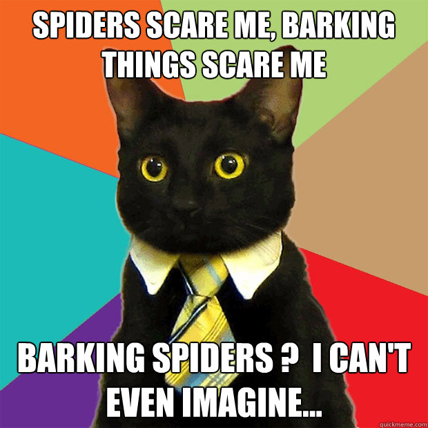 Spiders scare me, barking things scare me barking spiders ?  I can't even imagine...  Business Cat