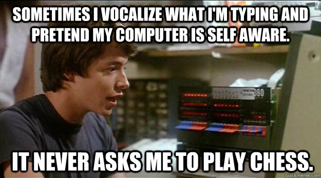 Sometimes I vocalize what I'm typing and pretend my computer is self aware.  It never asks me to play chess. - Sometimes I vocalize what I'm typing and pretend my computer is self aware.  It never asks me to play chess.  headgames