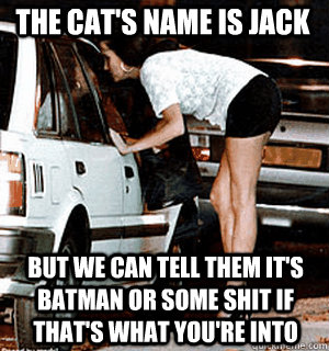 The cat's name is jack but we can tell them it's batman or some shit if that's what you're into  Karma Whore