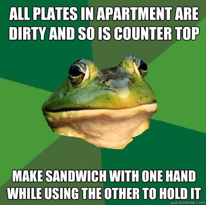 All plates in apartment are dirty and so is counter top Make Sandwich with one hand while using the other to hold it  Foul Bachelor Frog