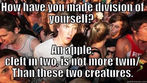 HOW HAVE YOU MADE DIVISION OF YOURSELF?  AN APPLE, CLEFT IN TWO, IS NOT MORE TWIN/ THAN THESE TWO CREATURES. Sudden Clarity Clarence